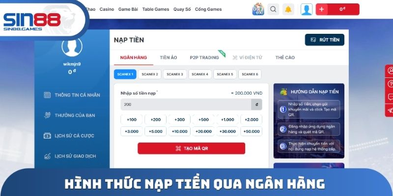 Hình thức nạp tiền qua ngân hàng